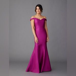 Fuchsia Mikado off the shoulder gown
